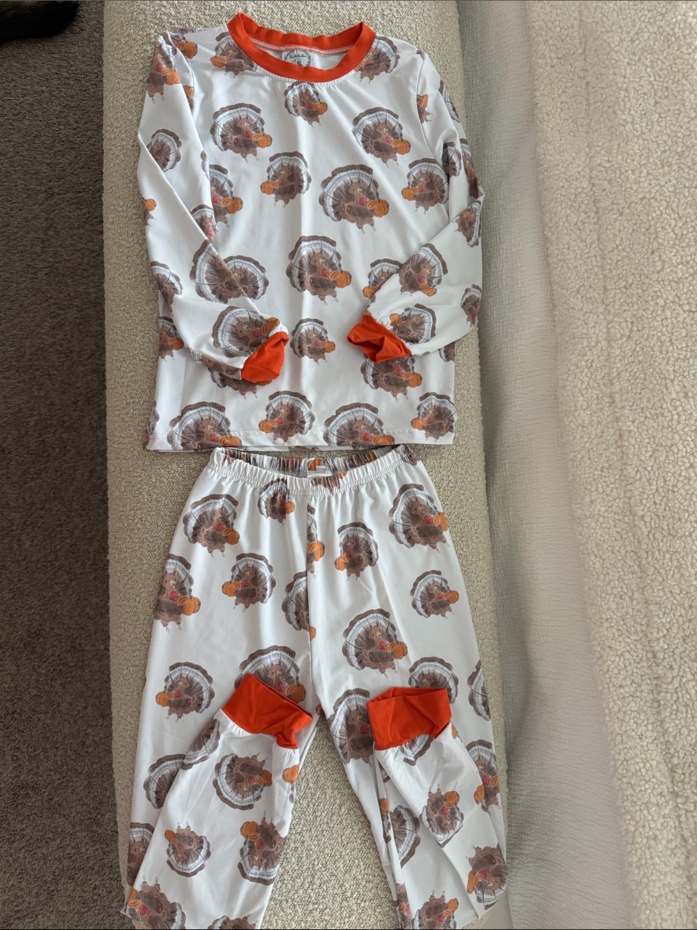The Bella Bean Turkey Print Pajama Set with Orange Trim